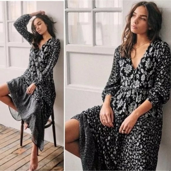 Sézane Dress Noreen Floral Tiered Cottagecore Maxi Dress Black White 34 - Picture 3 of 12